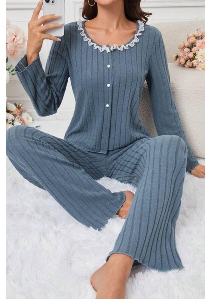 Mavi Pamuklu Dantel Detaylı Düğmeli Pijama Takımı