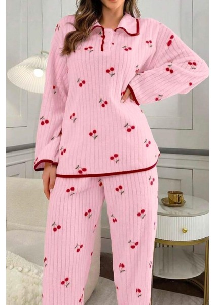 Pamuklu Kiraz Baskılı Biyeli Kışlık Pijama Takımı fırsatları