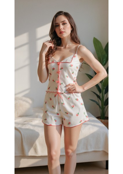 Ekru Pamuklu Çiçek Baskılı Ip Askılı Pijama Takımı modelleri