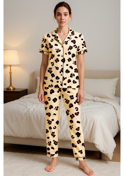 Leopar Baskılı Düğmeli Yazlık Pijama Takımı modelleri