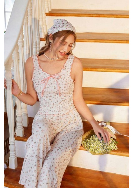 Vintage Pijama Takımı Kadınlar İçin Fiyonklu Pamuklu Yazlık Desenli fırsatları