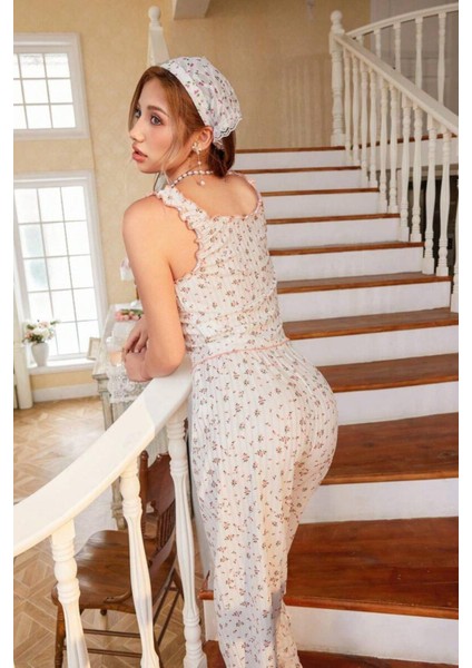 Vintage Pijama Takımı Kadınlar İçin Fiyonklu Pamuklu Yazlık Desenli