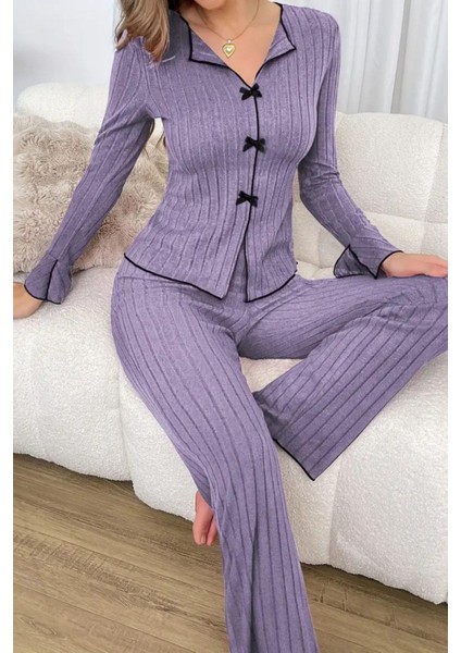 Pamuklu Mevsimlik Pijama Takımı Kadın Mor Fiyonk Detaylı Şık Tasarım fırsatları