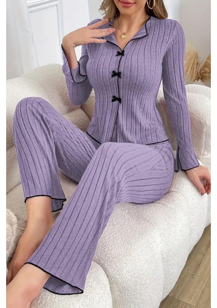 Kadın Pamuklu Mor Fiyonk Detaylı Mevsimlik Pijama Takımı Şık Tasarım