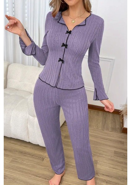 Kadın Pamuklu Mor Fiyonk Detaylı Mevsimlik Pijama Takımı Şık Tasarım modelleri