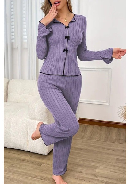 Kadın Pamuklu Mor Fiyonk Detaylı Mevsimlik Pijama Takımı Şık Tasarım indirimleri