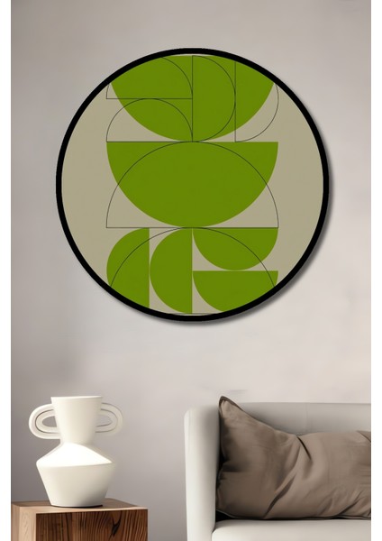 Çerçeve Görünümlü Soyut Sanat Yeşil Geometrik Desenli Ahşap Mdf Dekoratif Tablo Yuvarlak Tablo