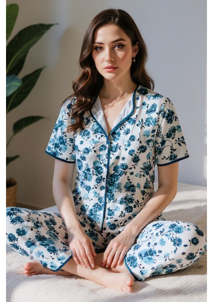 Mavi Kısa Kollu Düğmeli Yazlık Pijama Takımı