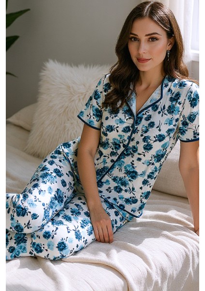 Mavi Kısa Kollu Düğmeli Yazlık Pijama Takımı fiyatları
