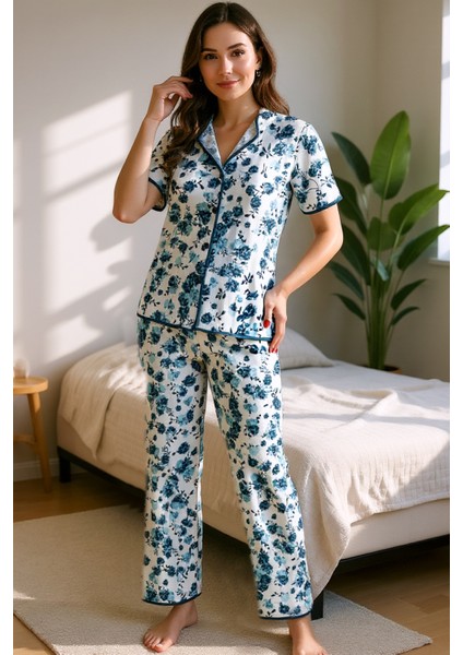 Mavi Kısa Kollu Düğmeli Yazlık Pijama Takımı indirimleri