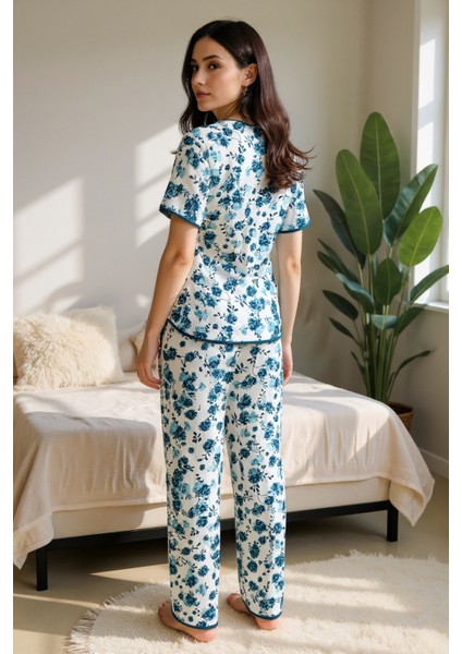 Mavi Kısa Kollu Düğmeli Yazlık Pijama Takımı