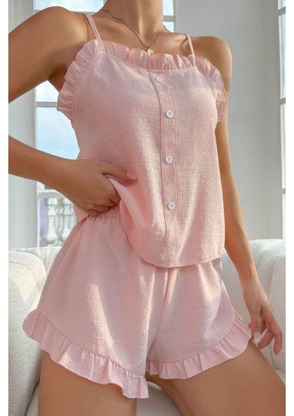 Toz Pembe Süs Düğmeli Fırfırlı Şortlu Pijama Takımı