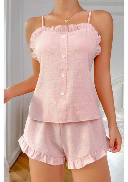 Toz Pembe Süs Düğmeli Fırfırlı Şortlu Pijama Takımı fırsatları
