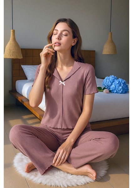 Gül Kurusu Pamuklu V Yaka Kısa Kollu Pijama Takımı