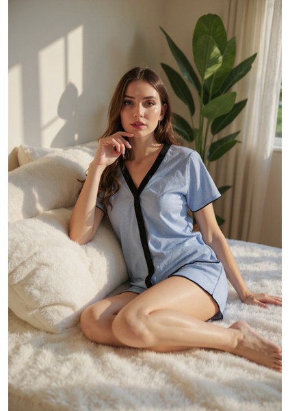 Mavi Pamuklu Düğmeli Şortlu Pijama Takımı fiyatları