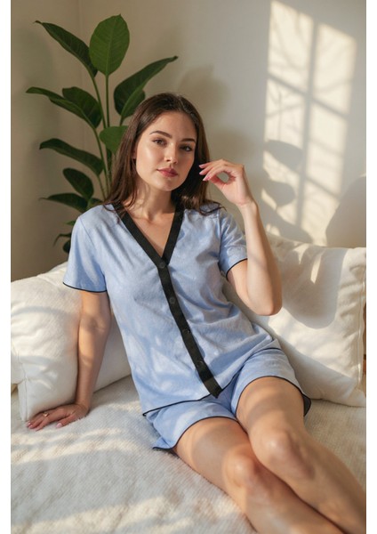 Mavi Pamuklu Düğmeli Şortlu Pijama Takımı
