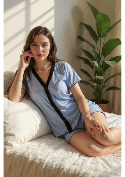 Mavi Pamuklu Düğmeli Şortlu Pijama Takımı modelleri