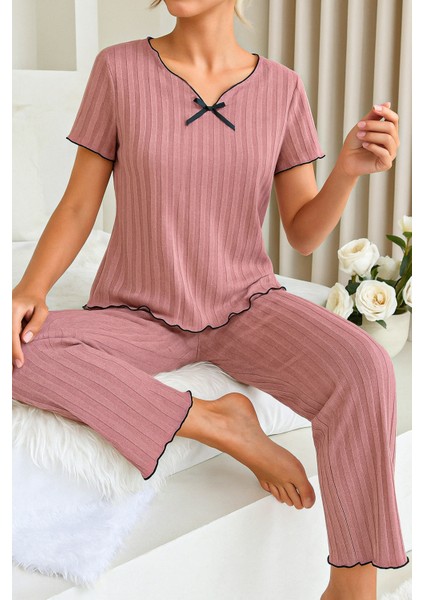 Gül Kurusu Pamuklu Kısa Kollu Pijama Takımı