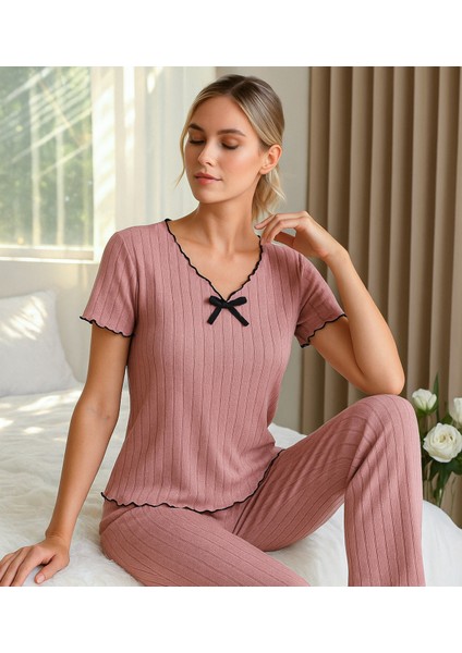 Gül Kurusu Pamuklu Kısa Kollu Pijama Takımı indirimleri