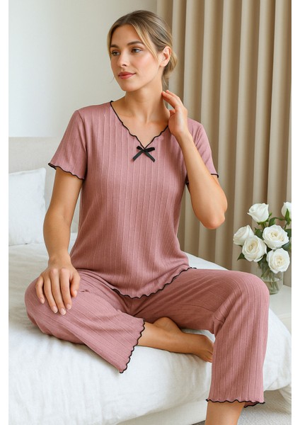 Gül Kurusu Pamuklu Kısa Kollu Pijama Takımı