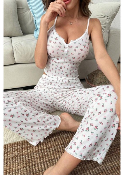 Ekru Ip Askılı Süs Düğmeli Yazlık Pijama Takımı