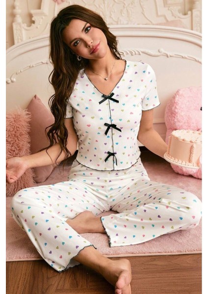 Romantik Kalp Baskılı Siyah Fiyonklu Kısa Kollu Pijama Takımı