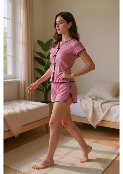 Gül Kurusu Pamuklu Fiyonk Detaylı Şortlu Pijama Takımı fırsatları