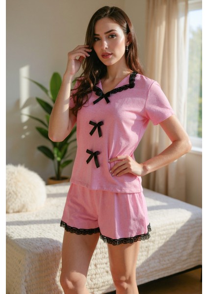 Pembe Yazlık Dantel Detaylı Şortlu Pijama Takımı fiyatları
