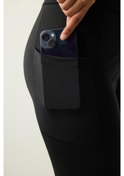 Siyah Yüksek Bel Bilek Boy Zero Feel Cepli Tayt