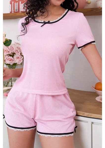 Jacquard Pembe Dantel Detaylı Şortlu Pijama Takımı