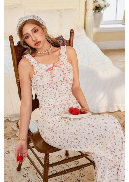 Vintage Pembe Fiyonklu Askılı Yazlık Pijama Takımı Kadınlar İçin Pamuklu Tasarım