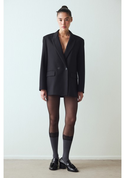 Siyah Ribbed Lace Külotlu Çorap