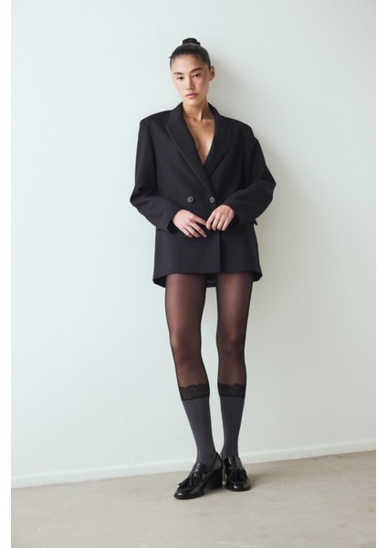 Siyah Ribbed Lace Külotlu Çorap
