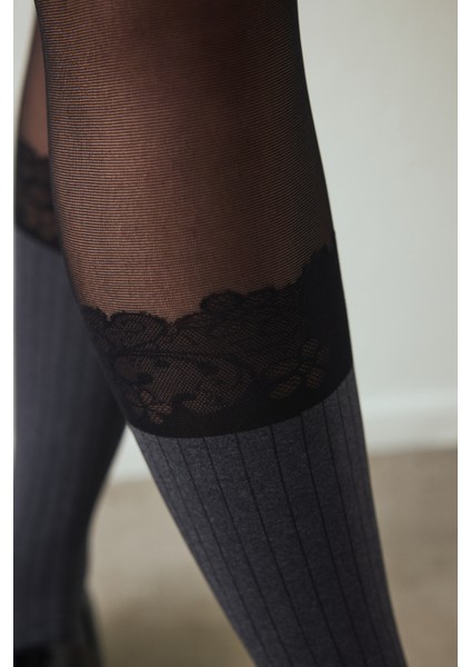 Siyah Ribbed Lace Külotlu Çorap