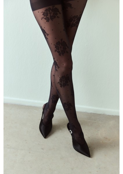 Siyah Romantic Floral Külotlu Çorap