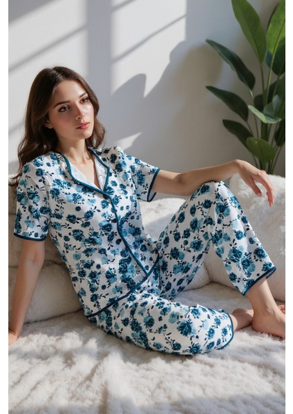 Mavi Kısa Kollu Düğmeli Yazlık Pijama Takımı modelleri