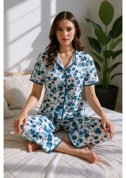 Mavi Kısa Kollu Düğmeli Yazlık Pijama Takımı fırsatları