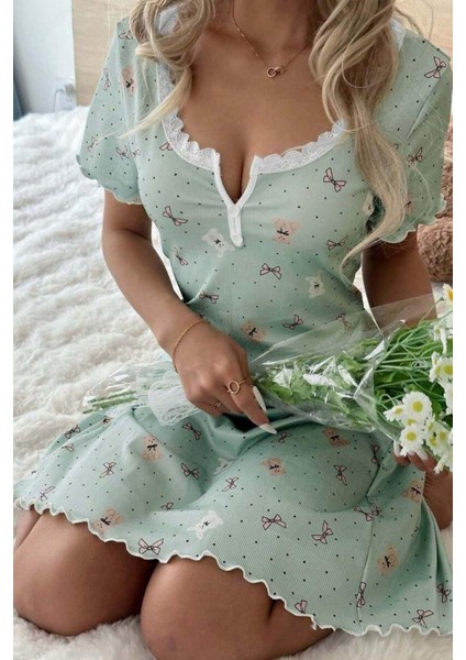Yeşil Ayıcık ve Fiyonk Desenli Pijama Gecelik modelleri