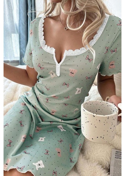 Yeşil Ayıcık ve Fiyonk Desenli Pijama Gecelik indirimleri