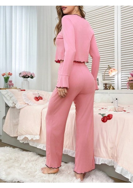 Pamuklu Uzun Kollu Fırfırlı Pijama Takımı