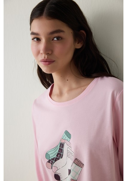 Autumn Çiçekli Bisiklet Yaka Pamuklu Uzun Kol Pijama Takımı