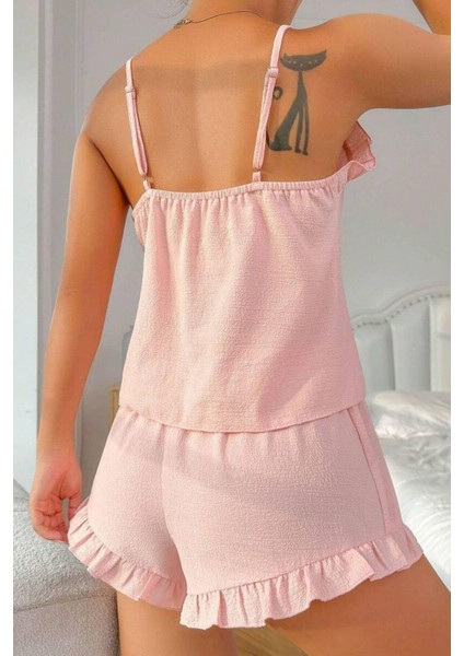 Toz Pembe Süs Düğmeli Fırfırlı Şortlu Pijama Takımı indirimleri