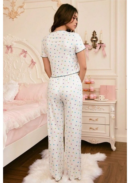 Romantik Kalp Baskılı Siyah Fiyonklu Kısa Kollu Pijama Takımı