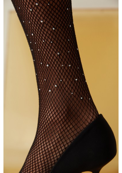 Taşlı File Siyah Külotlu Çorap