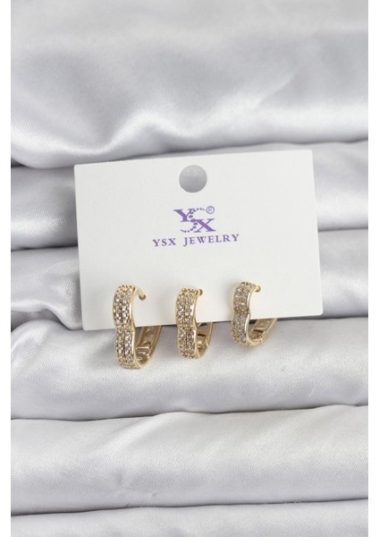 Gold Renk Pirinç Zirkon Taşlı Kalpli Kadın Küpe