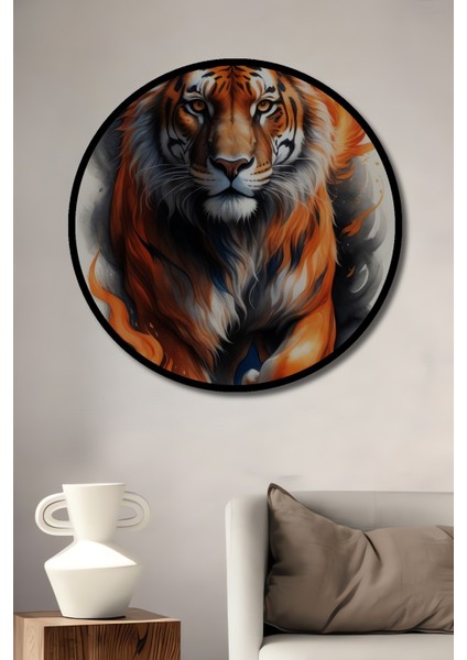 Çerçeve Görünümlü Alevli Kaplan Dekoratif Ahşap Mdf Ev Duvar Tablo Yuvarlak Ev Duvar Tablo