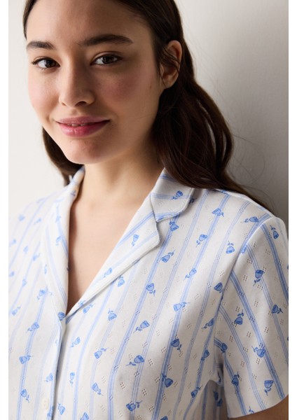 Roses Pointel Gömlek Pantolon Kırık Beyaz Pijama Takımı