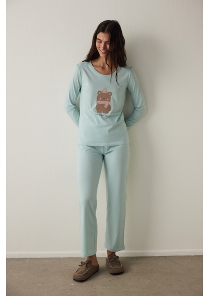 Mint Ent Scarf Bisiklet Yaka Uzun Kollu Pamuklu Slogan Baskılı Pijama Takımı