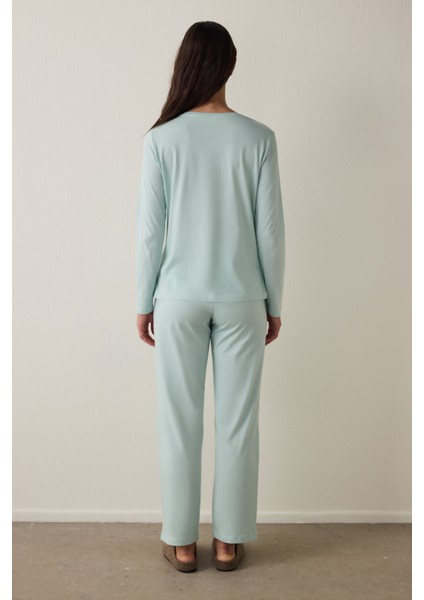 Mint Ent Scarf Bisiklet Yaka Uzun Kollu Pamuklu Slogan Baskılı Pijama Takımı