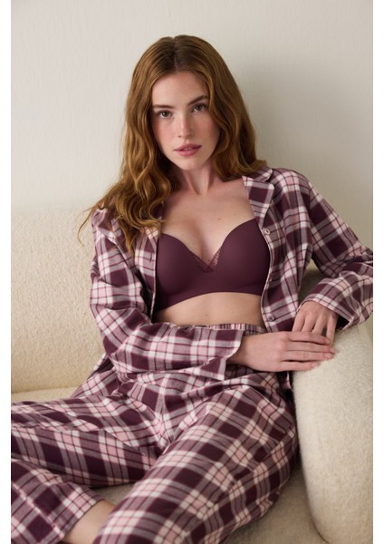 Bordo Ekoseli Gömlek Yaka Pamuklu Pijama Takımı